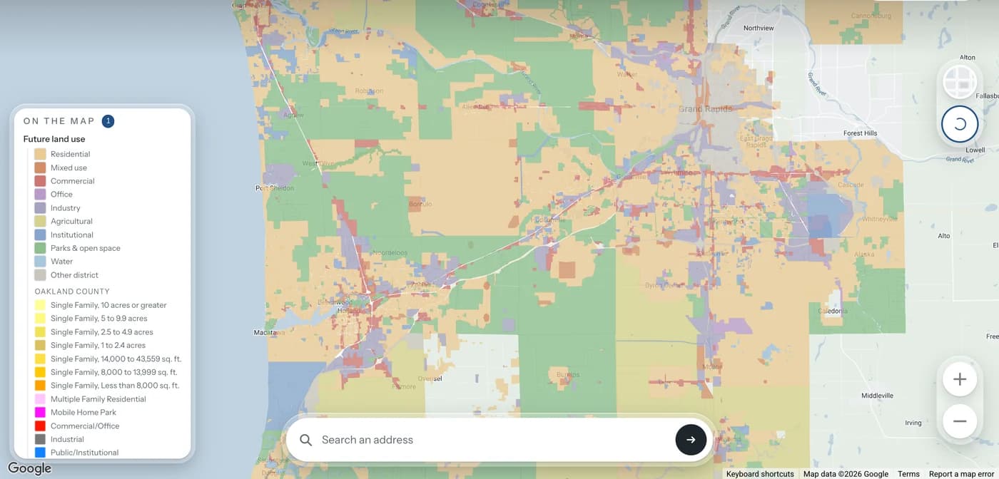 Future land use across the Grand Rapids region and the lakeshore, each planning district in its own colour, with the map legend open beside it.