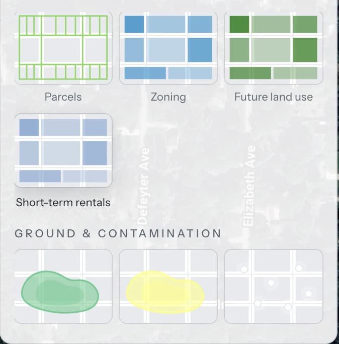 The layer catalogue: parcels, zoning, future land use and short-term rentals, then the ground and contamination layers, each drawn as a small thumbnail.